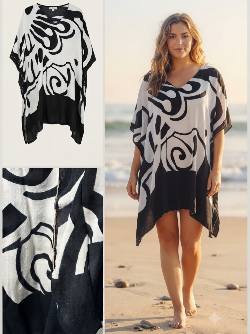Back from Bali Beach Swim Coverup Poncho Tunic Sun Dress White Black Butterfly